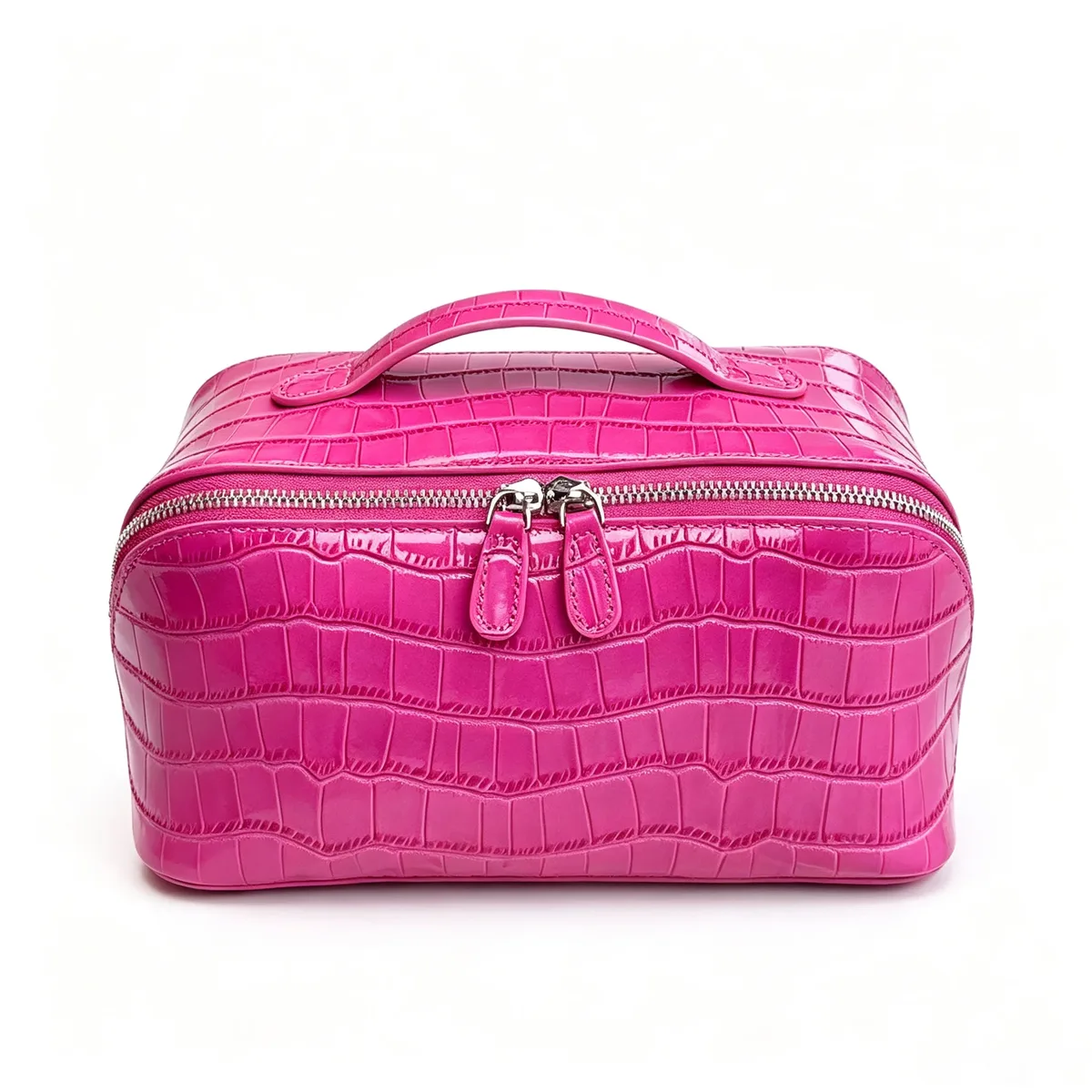 sac à cosmétiques en cuir de vachette à motif crocodile, rouge rose, luxe léger, en cuir véritable, pour femmes, portable, pour le voyage, trousse de toilette