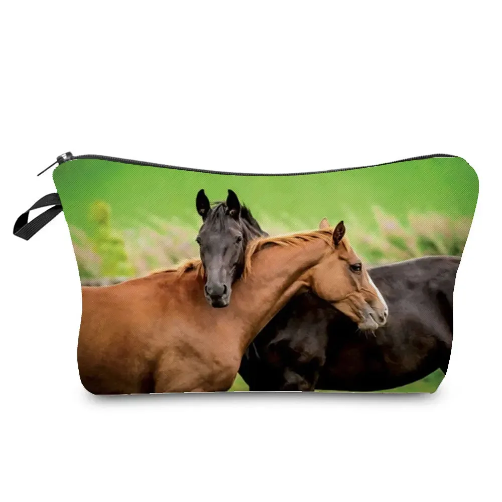 sacs de maquillage imprimés cheval pour femmes, sac à cosmétiques décontracté pour filles, mini trousse de toilette écologique réutilisable de voyage, trousse à crayons pour étudiants