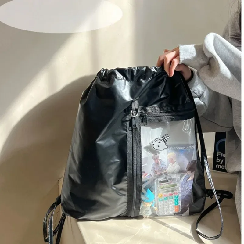 sac à bandoulière original à cordon de serrage de grande capacité, sac à dos décontracté transparent de style simple en nylon pour filles, léger et portable