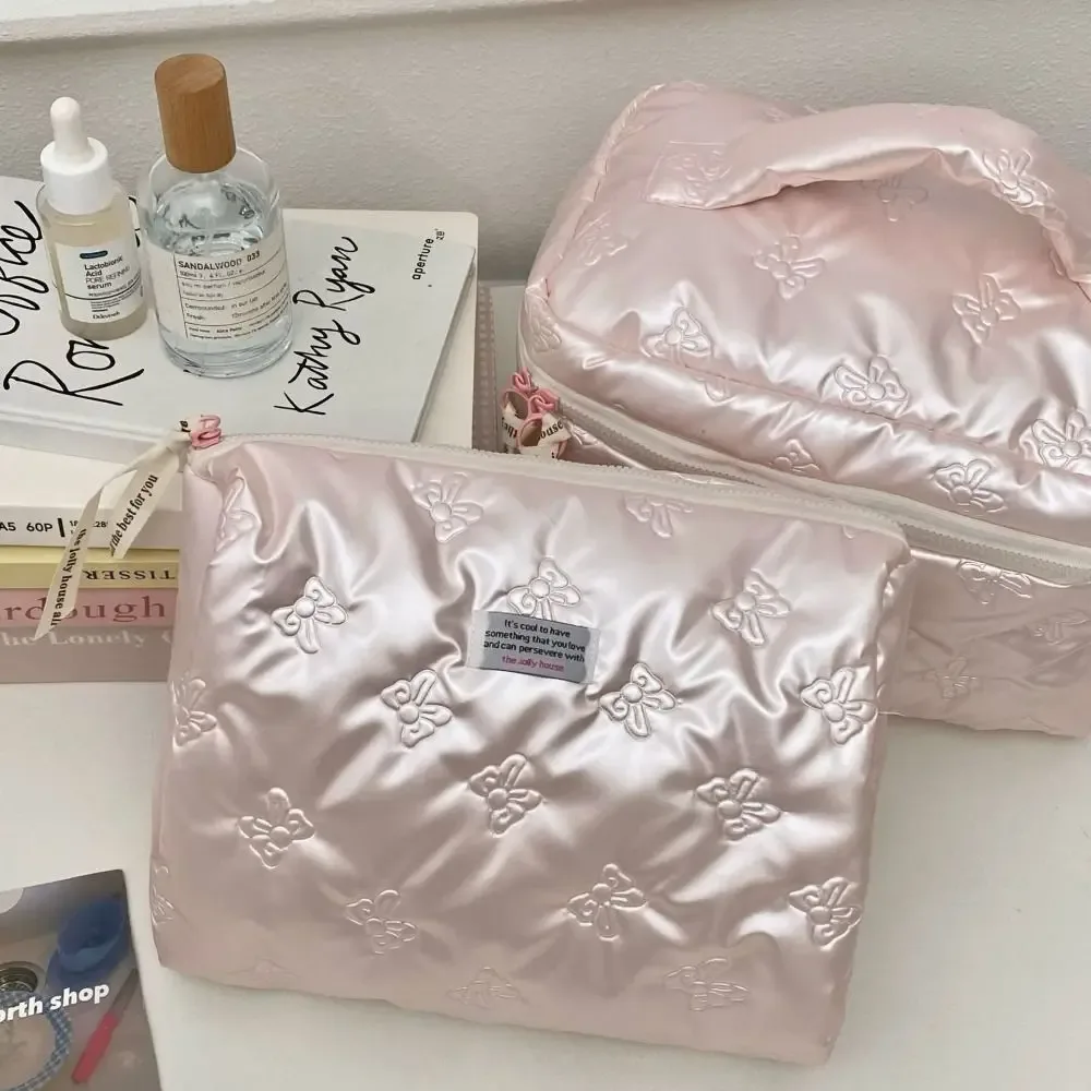 sac à cosmétiques en matériau pu, compartiment de rangement, décoration d'arc, trousse de toilette multifonction à fermeture éclair, sac à main de maquillage, rangement de maquillage