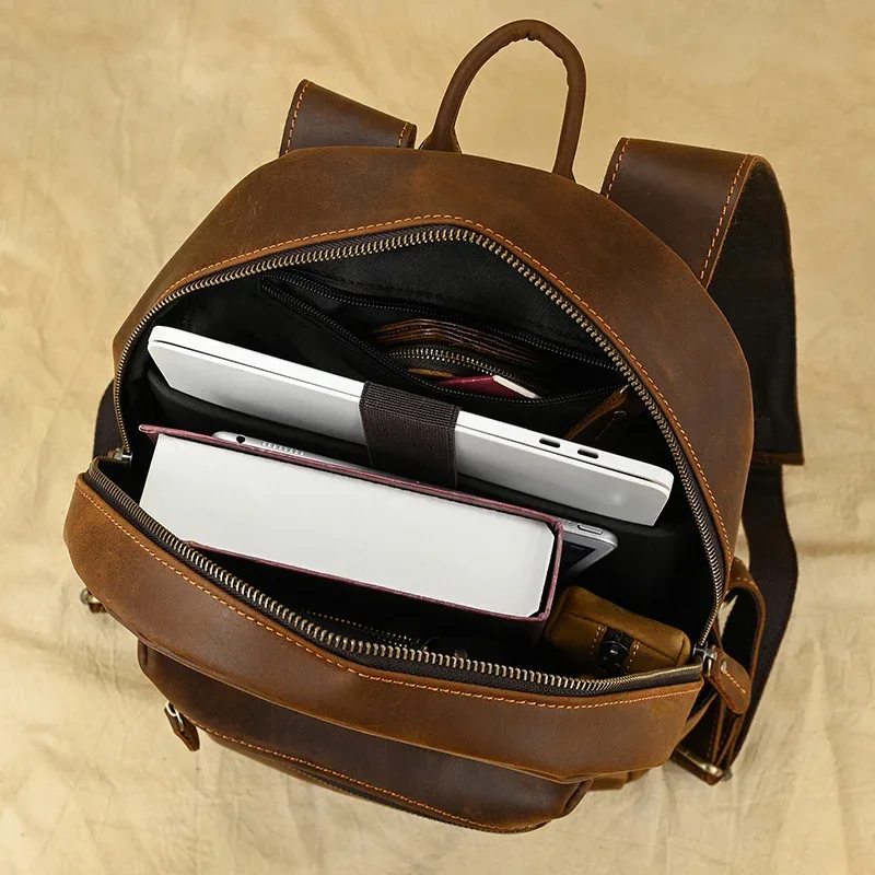 luufan-sac à dos en cuir véritable pour homme et femme, grande capacité, sac à dos pour ordinateur portable 15 ", sac d'école unisexe, sac de voyage masculin, cuir de vache