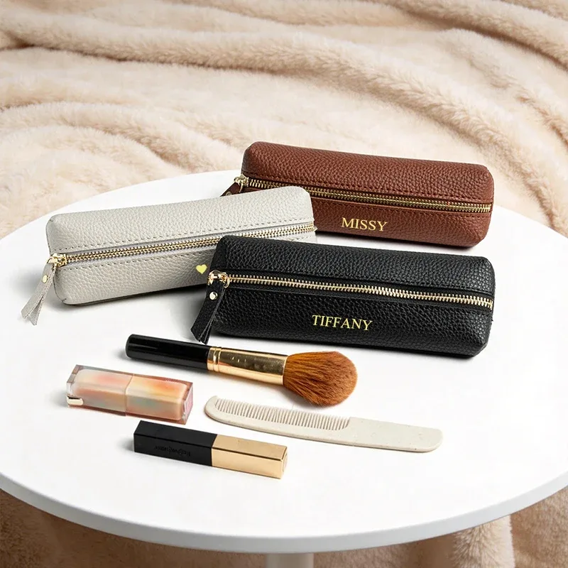 trousse de toilette de voyage de luxe en cuir pu avec gravure personnalisée, petite trousse de maquillage tendance à fermeture éclair, pochette à stylos professionnelle, sacs de rangement polyvalents