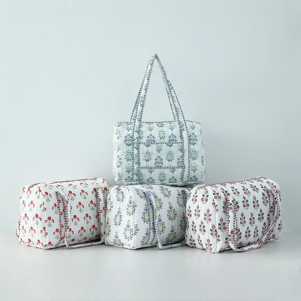 grand sac de voyage matelassé pour femmes, sac de week-end, imprimé bloc floral, bagages en coton, sacs de sport de nuit