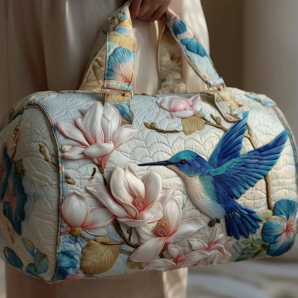 Sac de voyage matelassé 3D de luxe pour femmes, imprimé oiseau magnolia, sac à main léger, sac de week-end, sac de voyage pour le travail