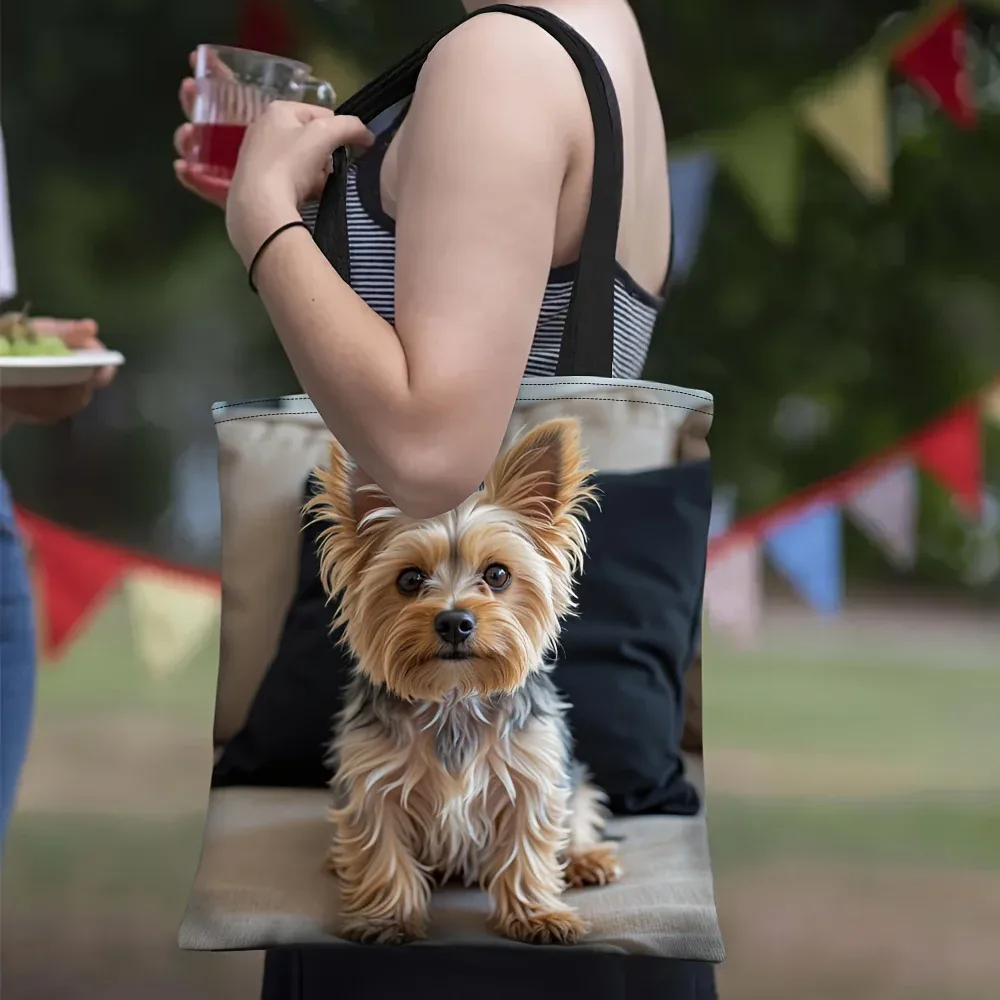 Sac fourre-tout chic à imprimé chien, 1 pièce, en polyester, avec adorable motif Yorkie, réutilisable pour femme, sac à bandoulière décontracté