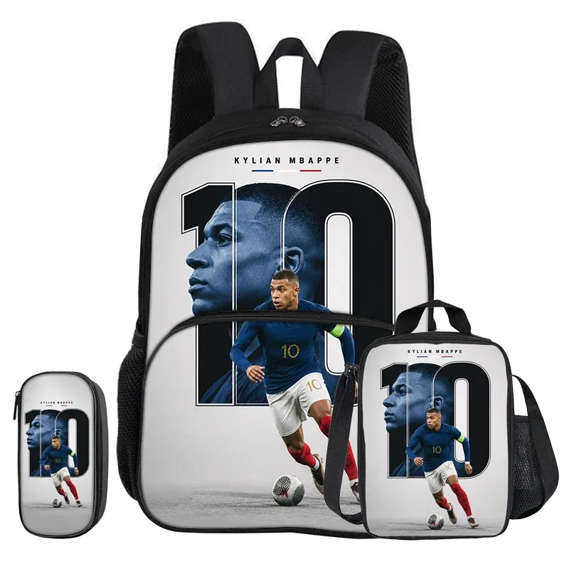 ensemble de 3 pièces m-mbappe avec sac à dos à poche avant, sac isotherme pour le déjeuner, trousse à crayons de star de football, cadeau pour enfants