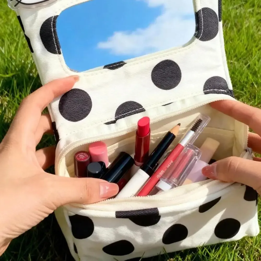 sac à cosmétiques portable en toile à pois, rayé, avec miroir de maquillage, sac pour petits objets, sac à maquillage multifonctionnel simple en toile, sac de voyage