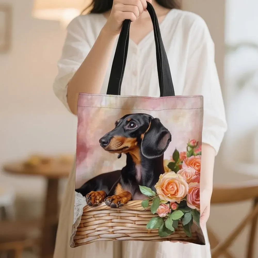 sac fourre-tout de grande capacité, motif floral avec visage de chien teckel mignon, sac d'épicerie rectangulaire spacieux pour femmes et hommes, 1 pièce