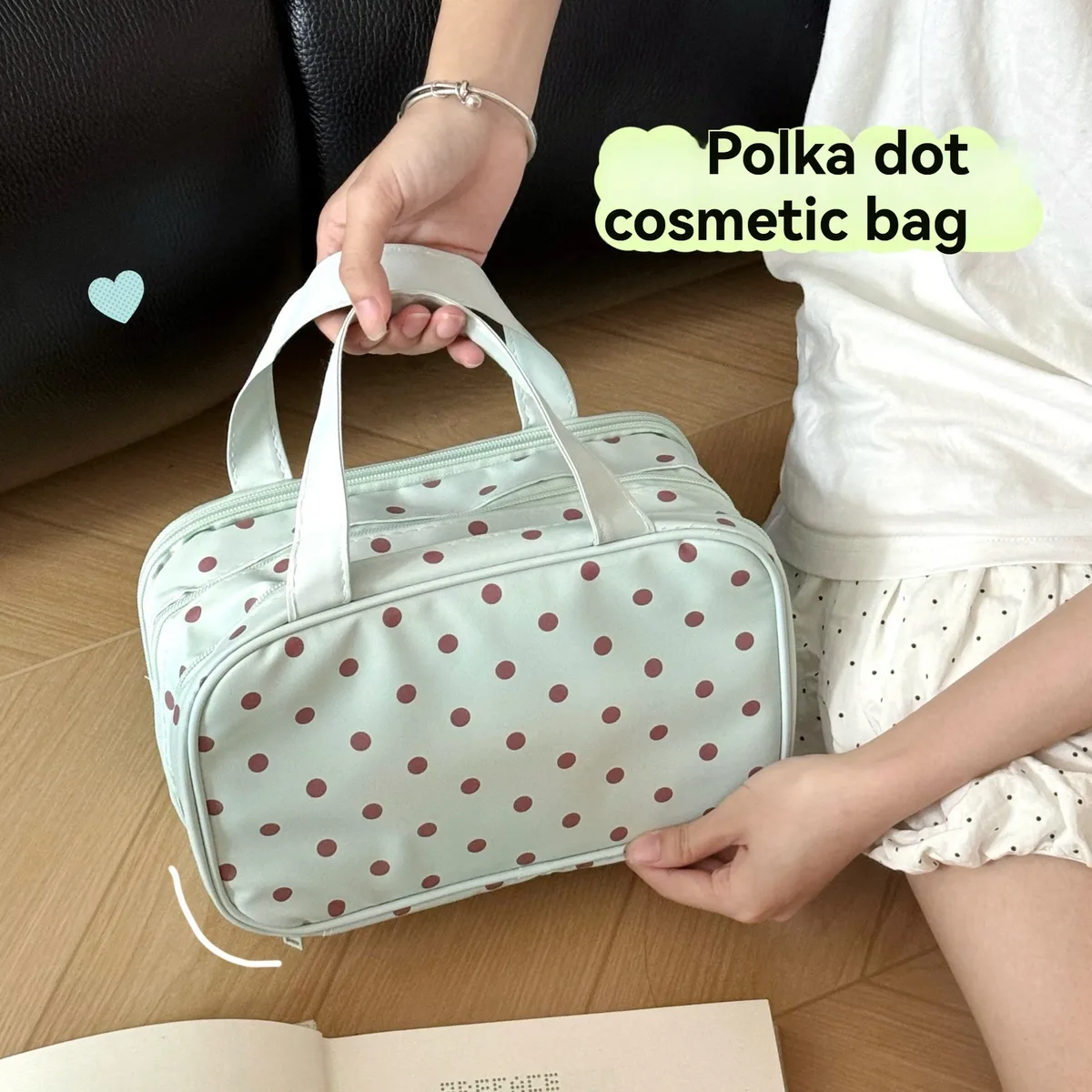trousse de maquillage vert menthe à pois, grande capacité, compartiment à trois couches, sac de rangement étanche