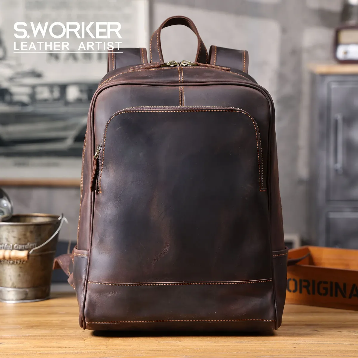 S.WORKER Vintage en cuir véritable sac à dos hommes grand ordinateur portable en peau de vache sac à bandoulière voyage classique Vintage Crazy Horse sac d'école