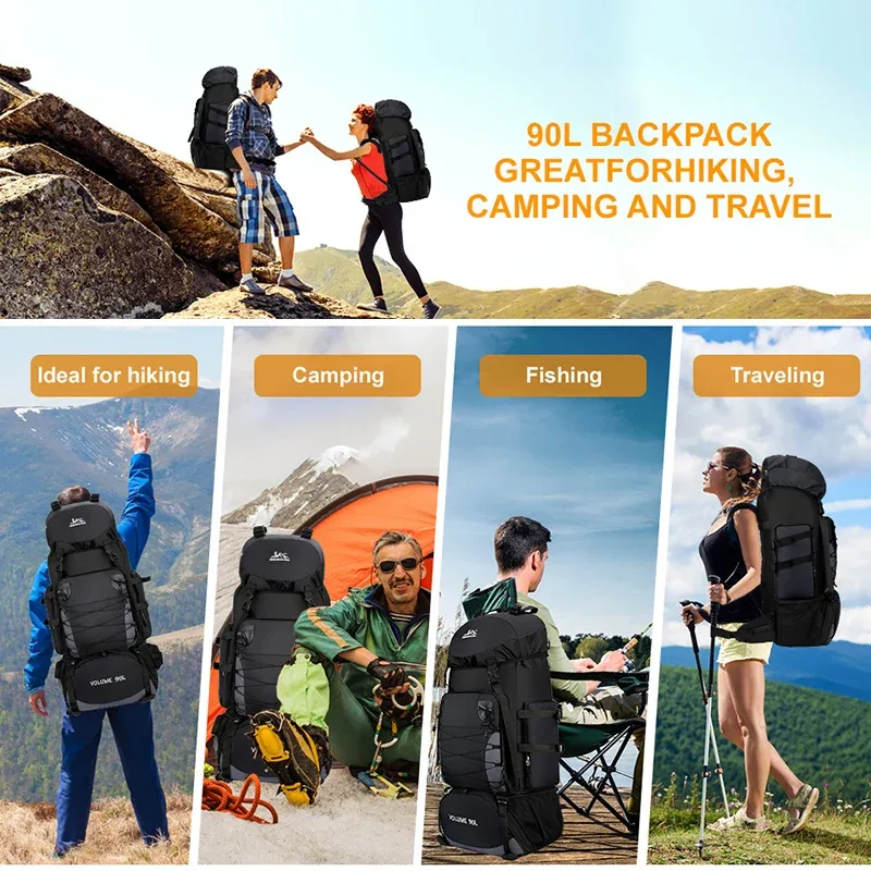 grand sac à dos de camping pour hommes et femmes, sacs de voyage, bagages de randonnée, sacs initiés, escalade en plein air, trekking, sac de voyage, 90l