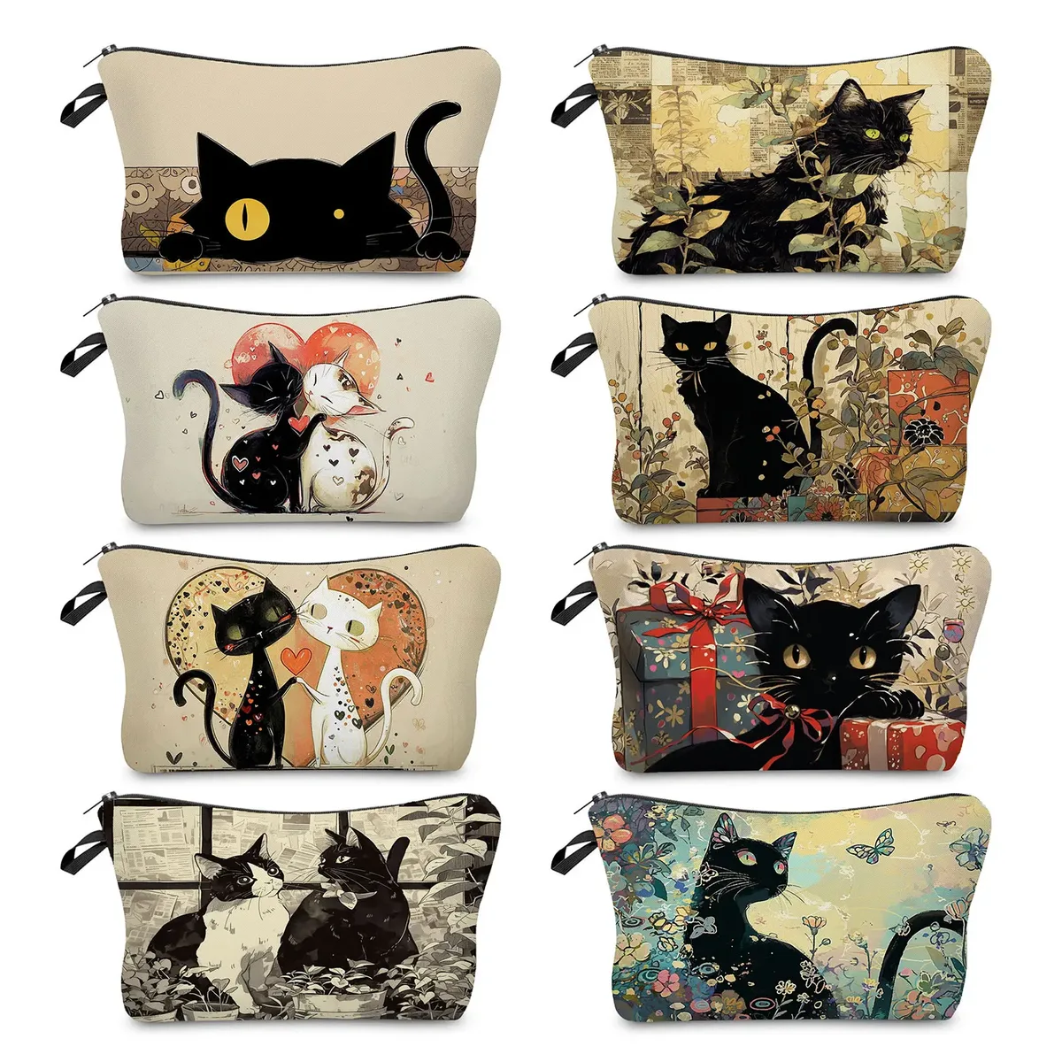 sacs de maquillage college chat noir pour femmes, sacs de rangement portables de voyage, impression d'animaux 