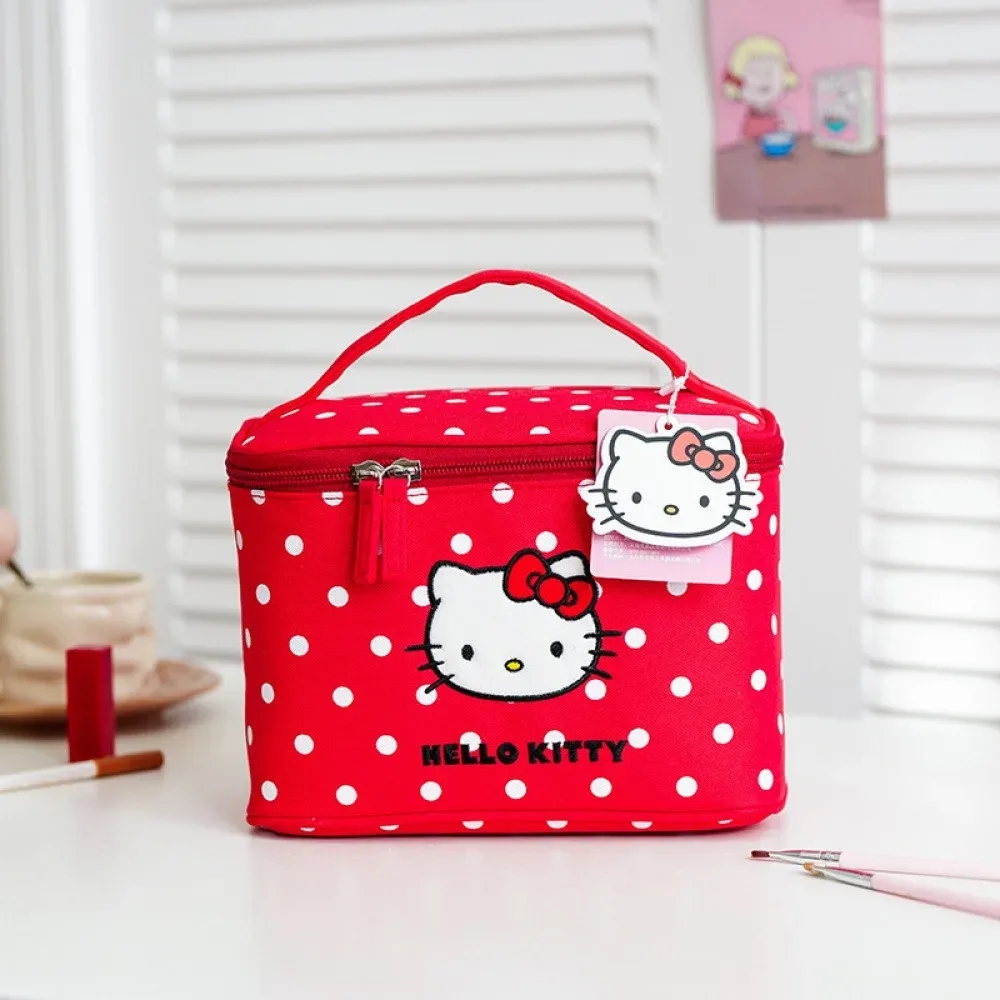 sac de voyage portable hello kitty mignon, trousse de maquillage à pois chat, boîte de rangement cosmétique à compartiments de grande capacité