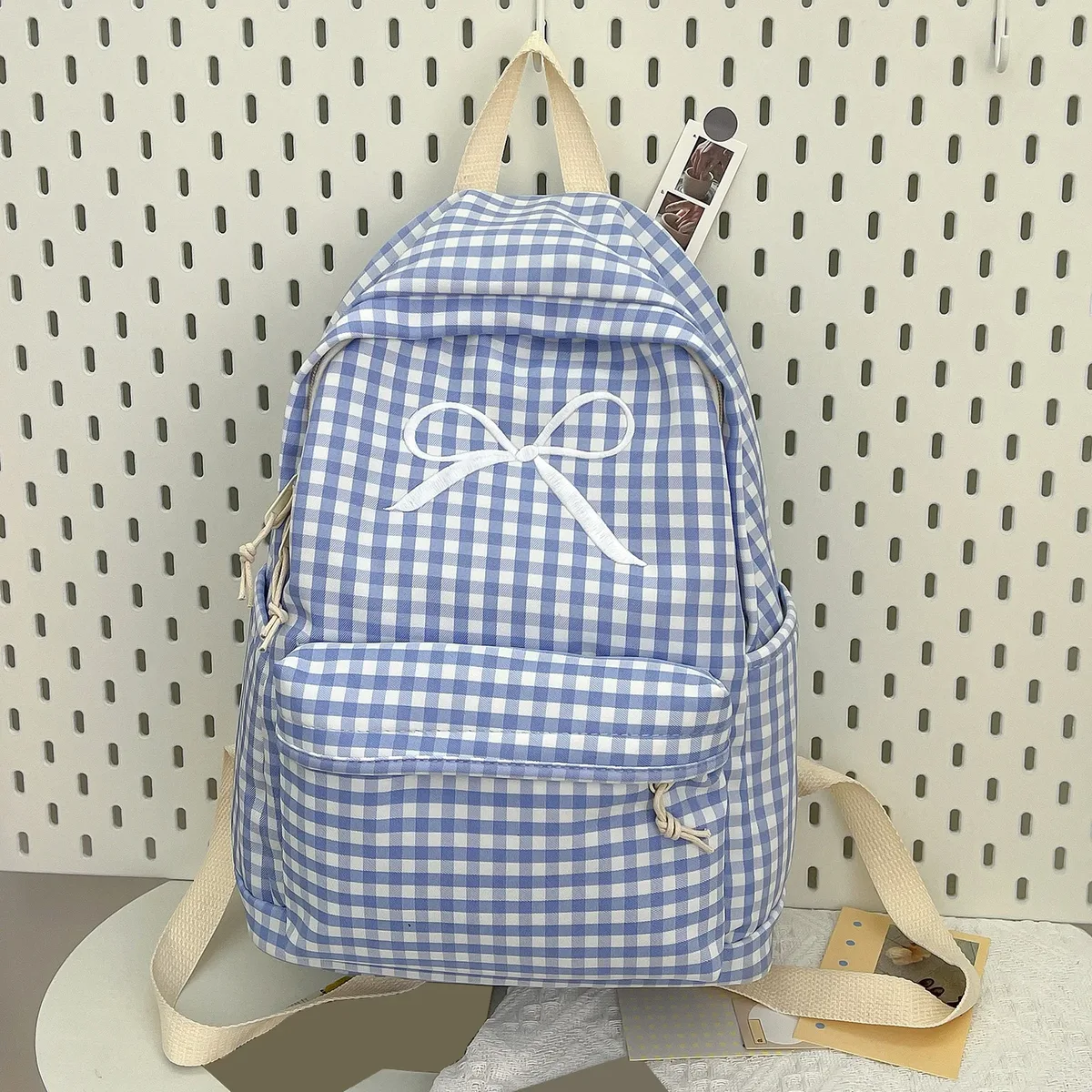 sac à dos scolaire mignon pour étudiants, multi-poches, en nylon souple, style preppy, motif quadrillé, avec nœud, pour livres, trajets quotidiens et travail