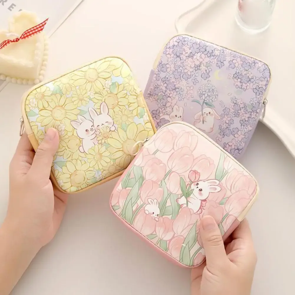 sac de rangement floral mignon en forme de lapin, mini organisateur de serviettes hygiéniques, pochette cosmétique portable pour femmes, sac à monnaie pour câbles de données