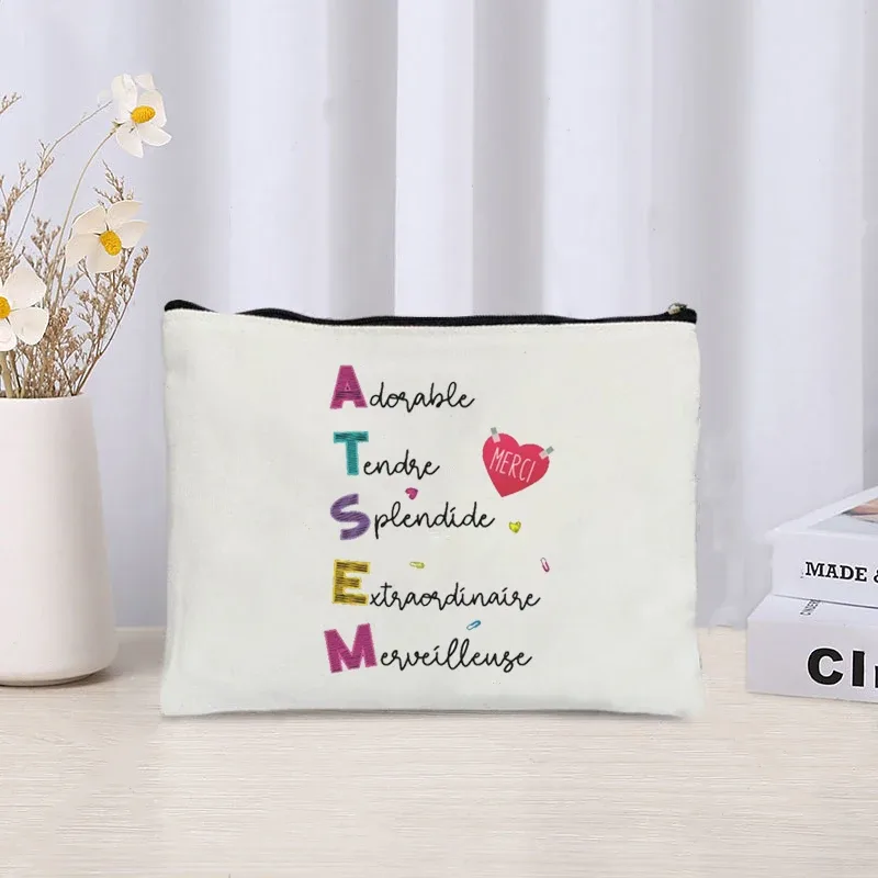 trousse à cosmétiques i am the best atsem in the world, sac en toile imprimé, voyage simple, soins de la peau, rangement de produits, trousse de toilette, cadeau atsem