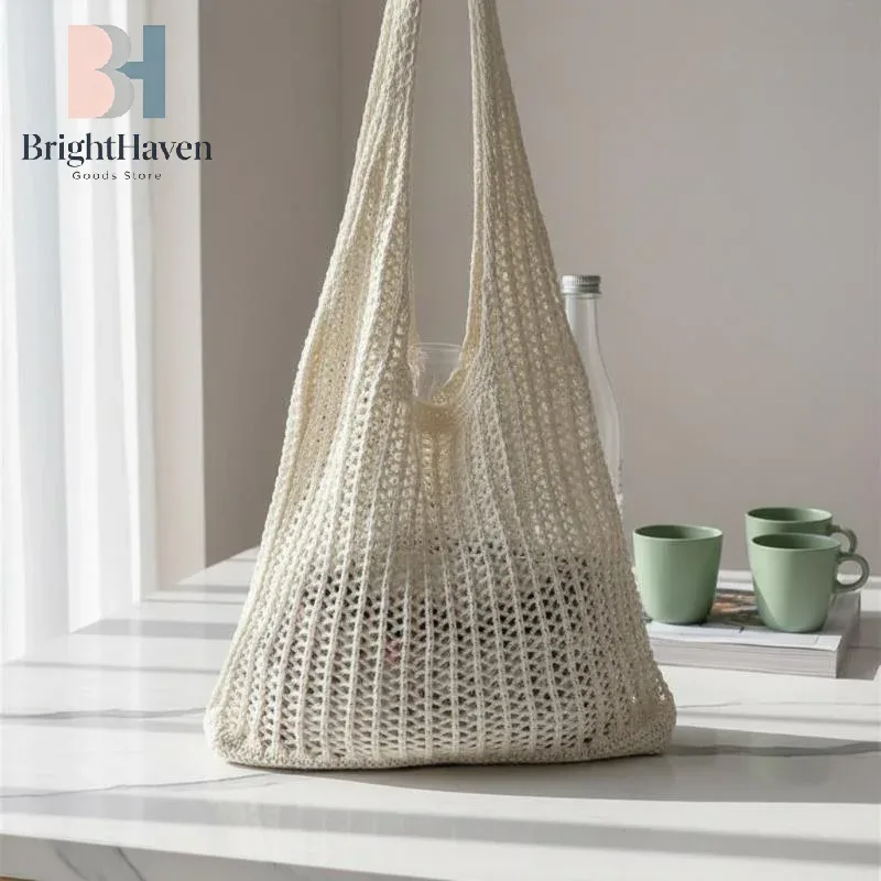 Sac à bandoulière bohème grande capacité couleur unie, en tricot respirant ajouré, sac à main décontracté d'été B.H