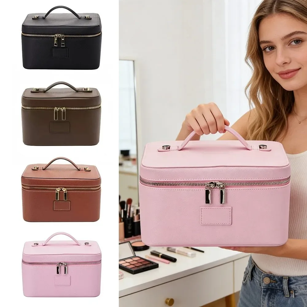 sac de maquillage en cuir pu, grande capacité, trousse de toilette étanche, forme carrée, séparateur amovible,