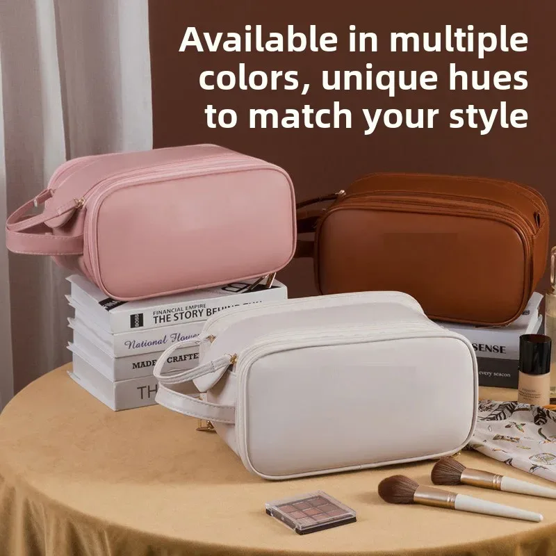 sac de maquillage multifonctionnel pour femmes en cuir pu, grande capacité, portable, double fermeture éclair, sac de rangement pour pinceaux de maquillage et articles de toilette
