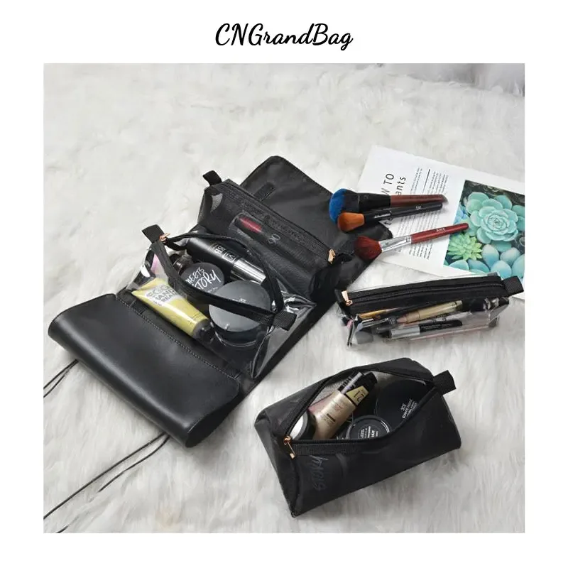 sac à cosmétiques en cuir pu avec lettres personnalisées, sac de rangement pour pinceaux de maquillage de voyage, sac de lavage quatre en un détachable, pratique à la mode