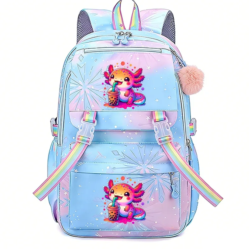 sac à dos imprimé rainbow axolotl boba, grand sac à dos léger, sac d'école mignon de dessin animé pour filles, sac à dos décontracté pour voyage et trajets quotidiens