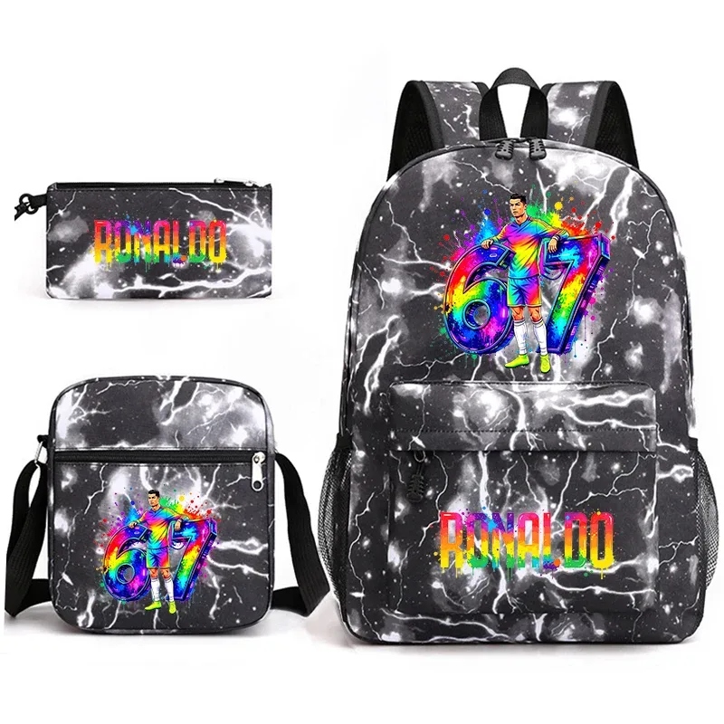 ensemble de sac à dos d'école imprimé cr7 ronaldo 67 avec sac à bandoulière et trousse à crayons pour adolescents et enfants, sac à dos léger