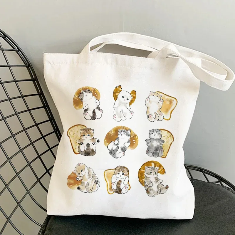 sac kawaii sac blanc sacs porté épaule sacs à provisions sacs à bandoulière en toile pour filles, sac de shopping à la mode, kawaii chats animaux mignons, sac de shopping, fourre-tout décontracté