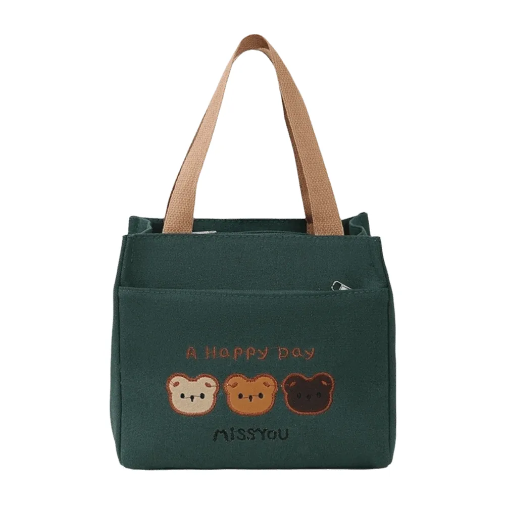sac fourre-tout décontracté et mignon avec broderie 3 ours, fermeture éclair, grande capacité, sac à déjeuner en toile, pochette de rangement légère et réutilisable pour pique-nique