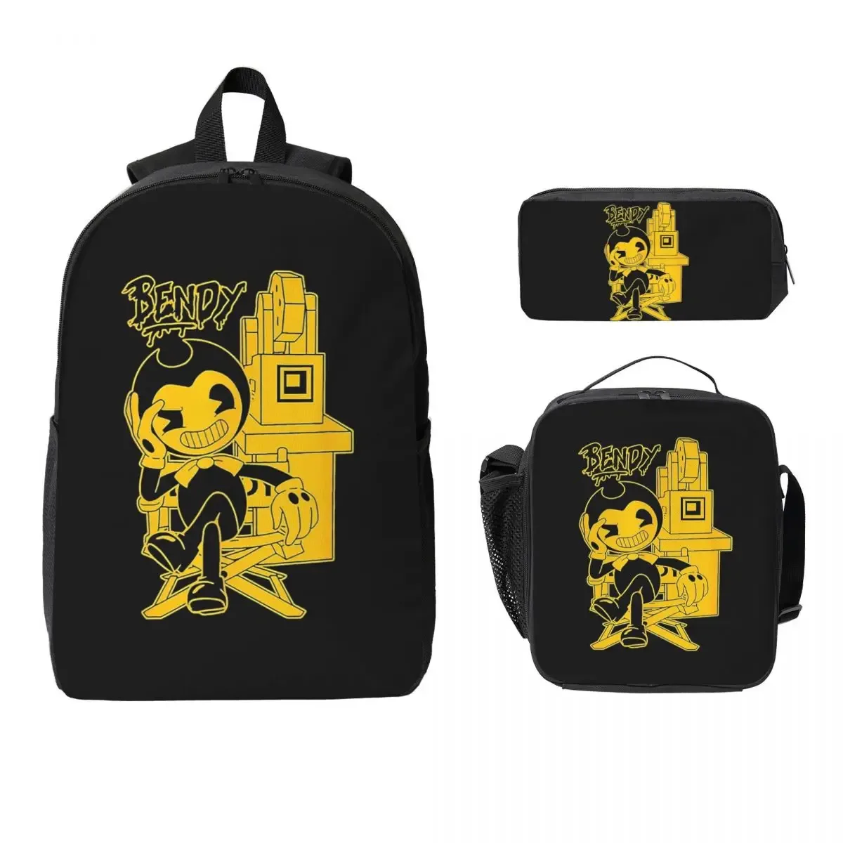 sac à dos bendy-ink-machine, sac à livres pour étudiants, sac d'école, sacs à bandoulière pour ordinateur, 3 sacs à déjeuner isothermes, trousse à crayons