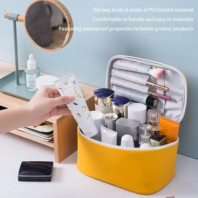 Sac de maquillage portable en PU avec fermeture éclair, organiseur de produits de soin de la peau pour voyage, sac cosmétique grande capacité pour ranger les cosmétiques