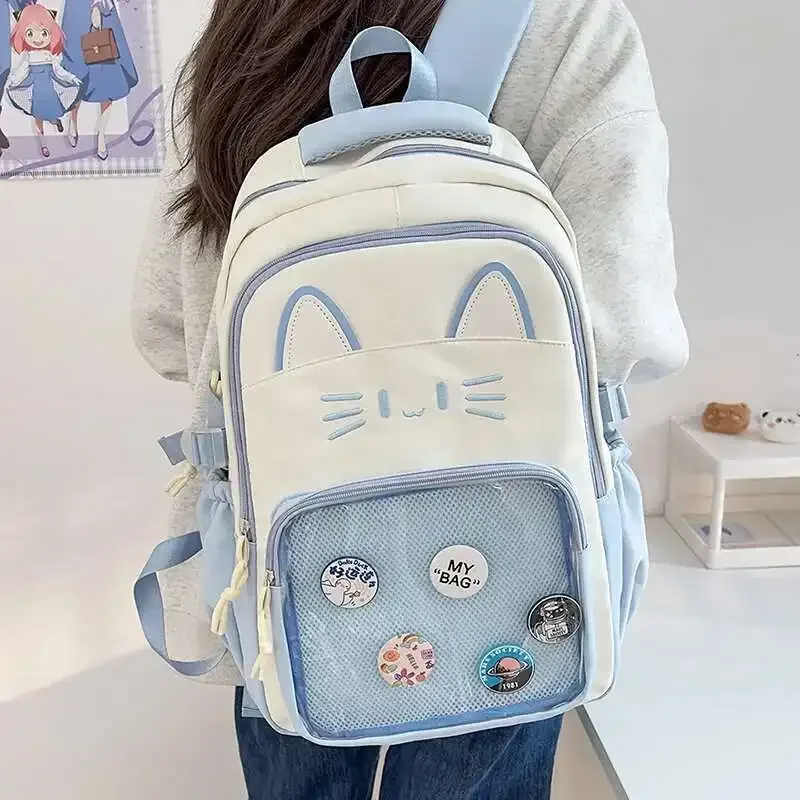 sacs à dos y2k mignons motif chat, grande capacité, sac à dos décontracté pour fille, sac à dos transparent diy, cartable de voyage tendance à motif dessin animé