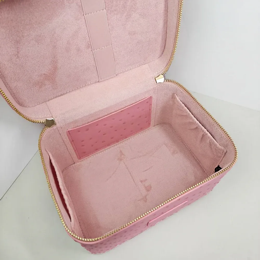 trousse de maquillage de luxe en simili plumes d'autruche pour femme, sac de voyage personnalisable grande capacité avec poignée, organisateur cosmétique