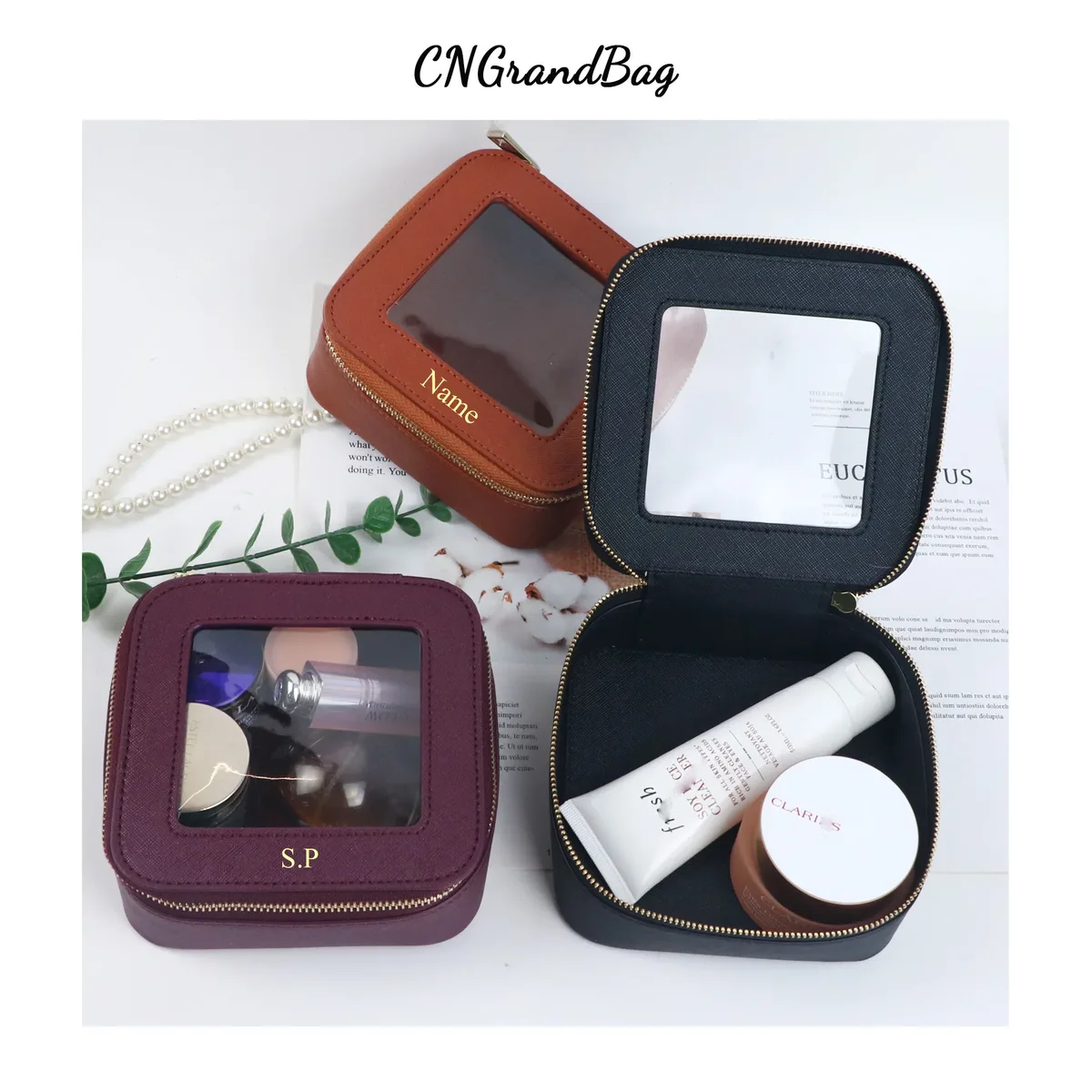 sac de rangement multifonctionnel en cuir saffiano personnalisé pour cosmétiques, portable, imperméable, pour rouge à lèvres et crème visage, grande capacité, idéal pour les voyages
