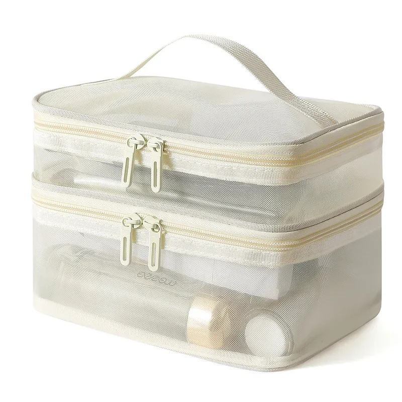 sac de rangement de cosmétiques de voyage à 2 couches, pochette de rangement transparente en maille pliante à fermeture éclair, sac de kit de lavage de maquillage de grande capacité 2025