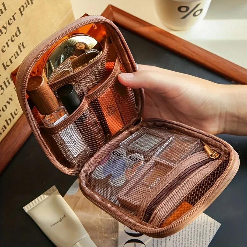 1 sac à maquillage portable multicouche, mini sac de rangement pour rouge à lèvres, petit sac de toilette de voyage