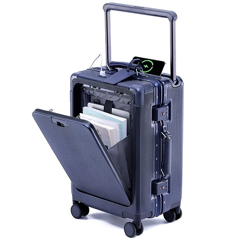 valise à roulettes de voyage d'affaires multifonctionnelle avec cadre en aluminium à ouverture frontale de 20 pouces, serrure à combinaison et poignée télescopique large