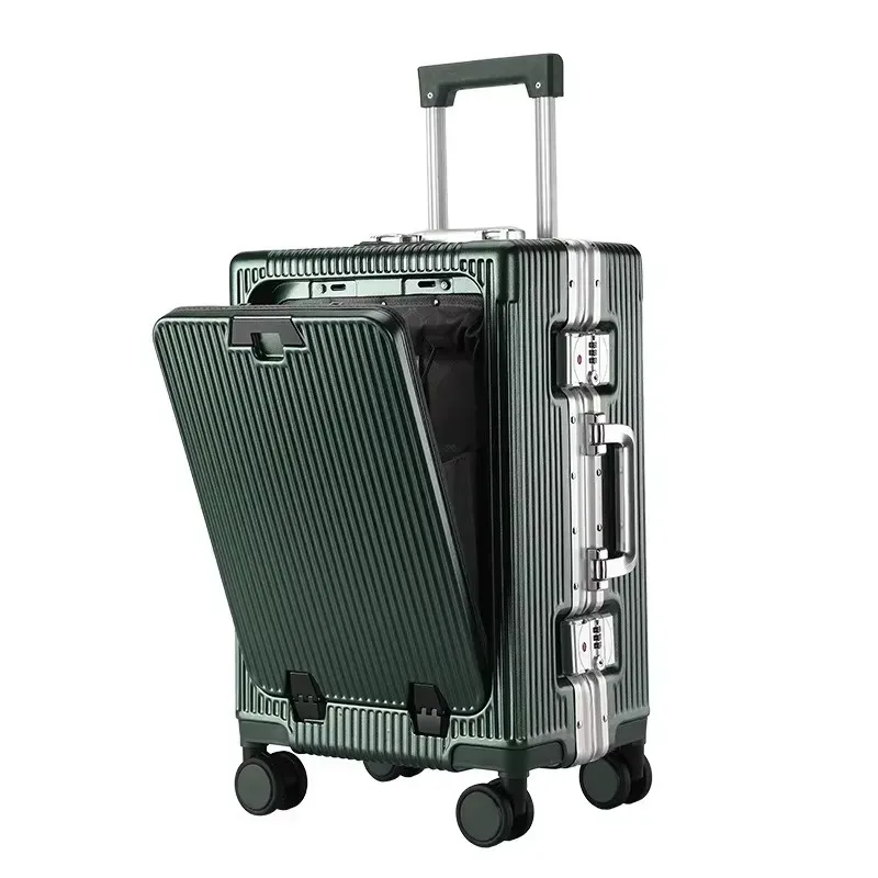 valise à cadre en alliage d'aluminium, poche d'ouverture avant avec prise de chargement usb, sac de boîtier de chariot à bagages roulant avec roue rotative