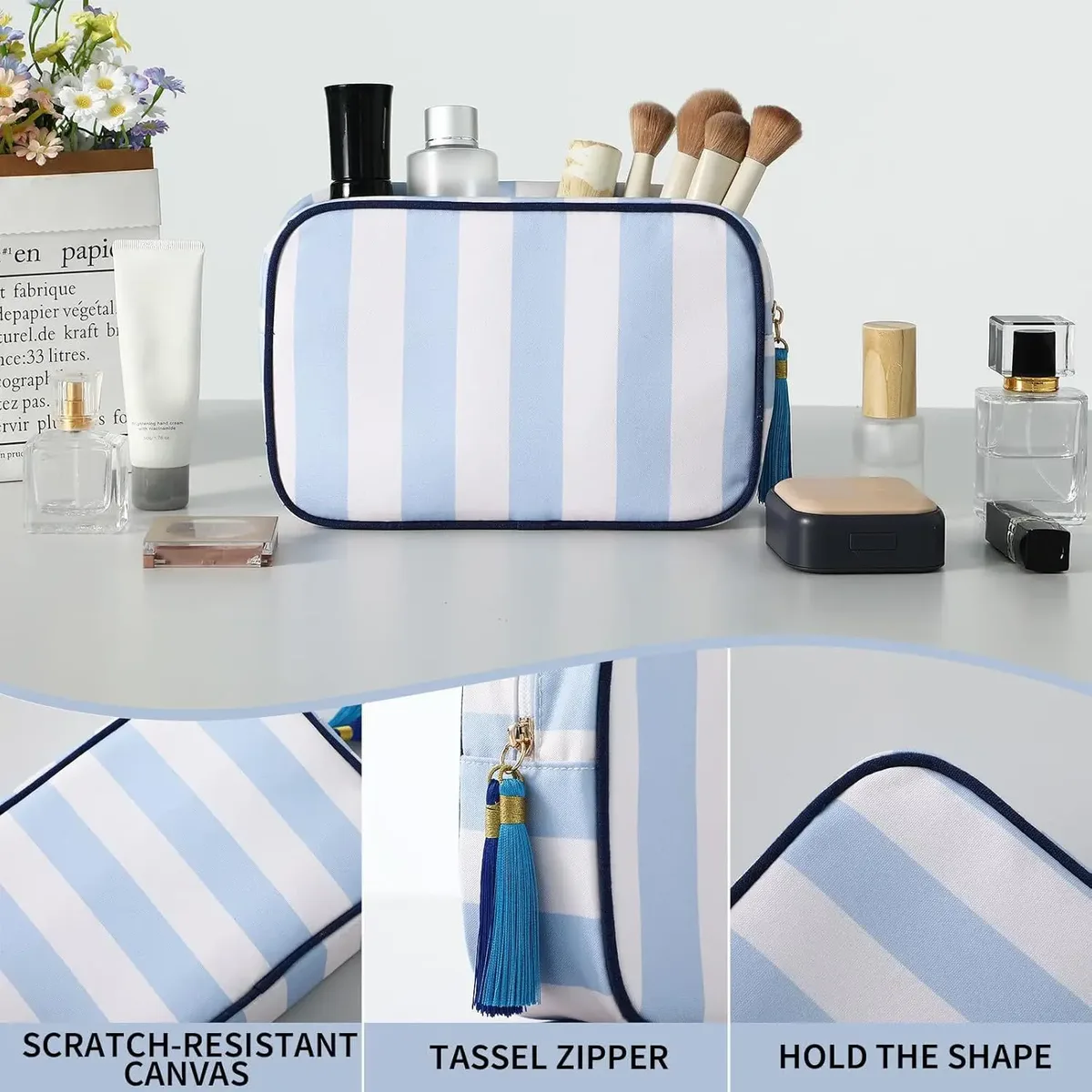 grande trousse de maquillage portable rayée pour femmes, avec fermeture éclair et pompon, grande capacité, sac fourre-tout décontracté avec fermeture éclair