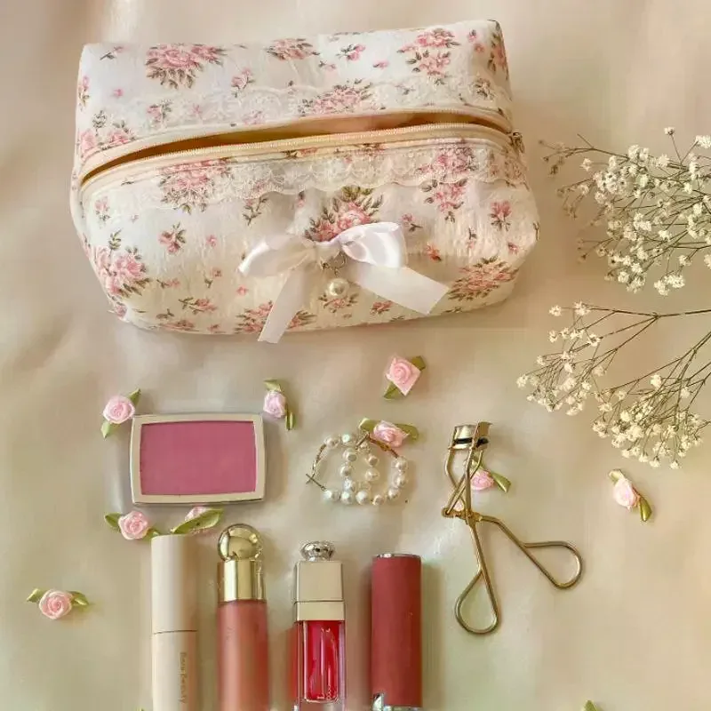 trousse de maquillage grande capacité mignonne avec nœud en dentelle, sac cosmétique de voyage pour femme, trousse de toilette à fermeture éclair, étui à crayons, sacs de rangement