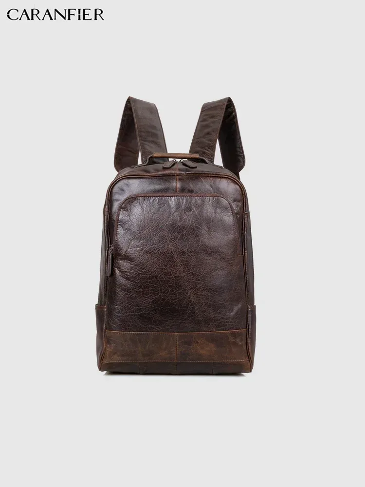 caranfier hommes sac à dos véritable cuir de vachette vintage sacs de voyage femmes simple fermeture éclair imperméable et moraillon étudiant sac à dos