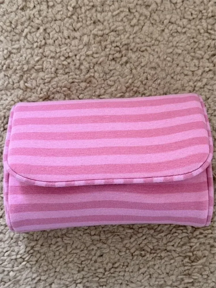 trousse de maquillage rose rayée avec miroir et fermeture éclair, sac de voyage portable pour femmes, organisateur cosmétique mignon et adorable, pochette de toilette