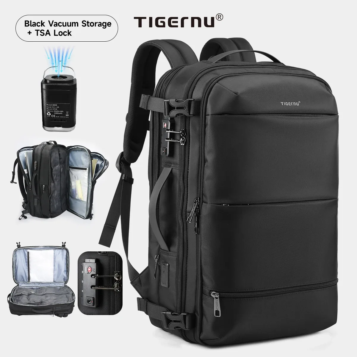 sac à dos de compression sous vide tigernu pour hommes et femmes, sacs à dos de voyage extensibles, bagages avec usb, sac à dos de cabine d'avion pour ordinateur portable de 17 pouces