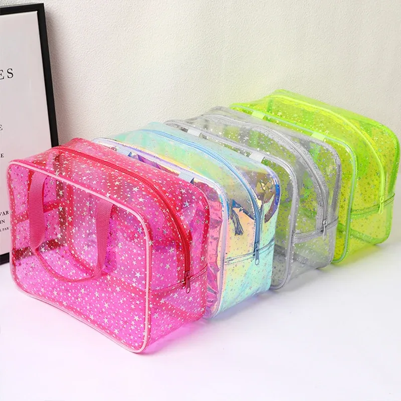 trousse de maquillage transparente grandes étoiles, avec sangle portable, trousse de toilette étanche en pvc, sac organisé pour cosmétiques, sac de voyage transparent