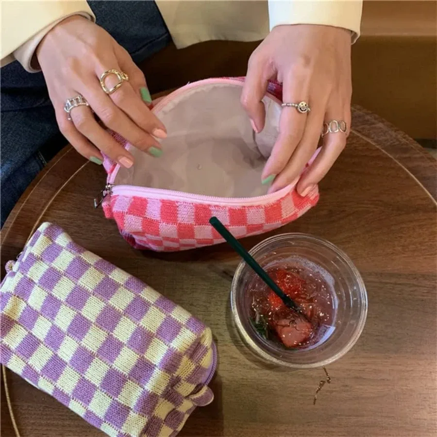 trousse de maquillage à carreaux 3 pièces, trousse de toilette de voyage, sac de pinceaux de maquillage mignon, sacs à cosmétiques pour femmes, sacs de maquillage à fermeture éclair pour sac à main