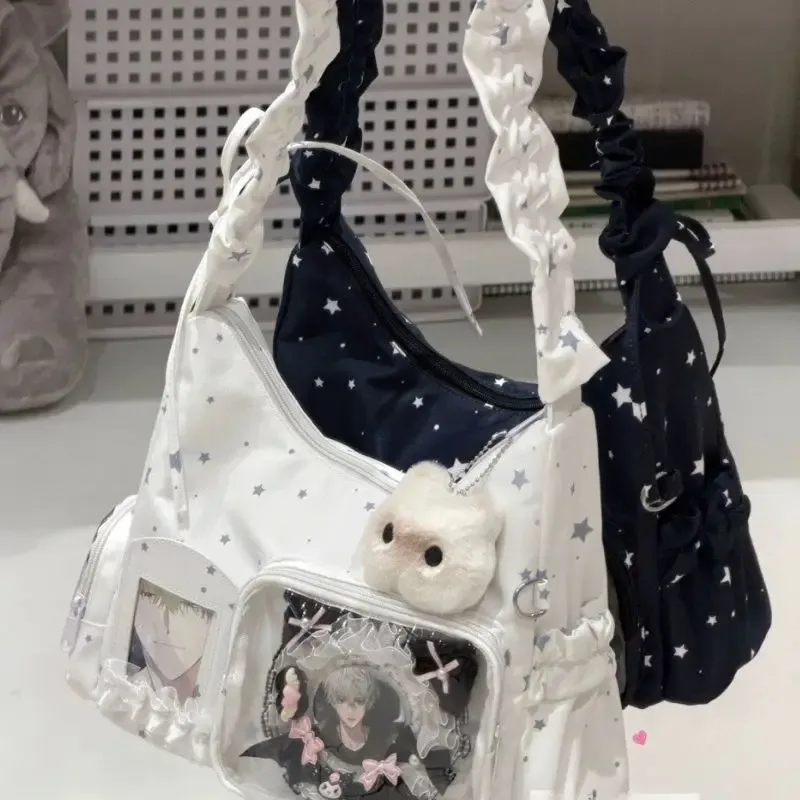 sac à bandoulière plissé à volants avec fenêtre transparente, motif étoile, pour cartes photo d'idols kpop, sac décontracté