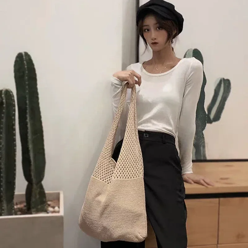sac fourre-tout vintage chic en fil tissé avec intérieur spacieux, sac à bandoulière décontracté, sac à main utilitaire pour le shopping