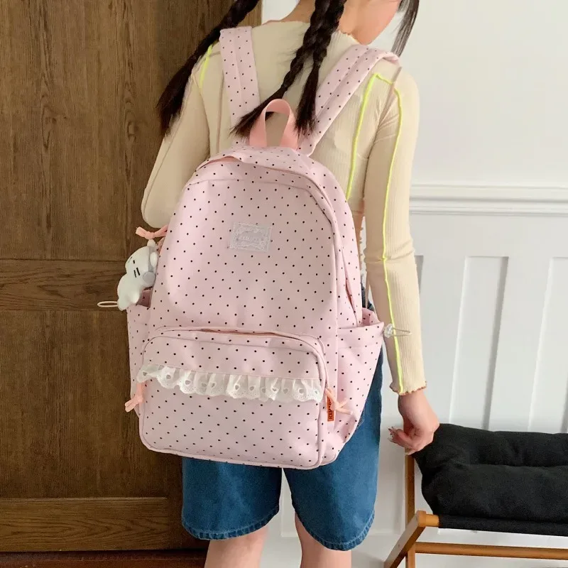 Sacs à dos à pois pour filles, grande capacité, sacs à livres décontractés, sac à dos léger de style preppy, sac à dos de voyage en plein air