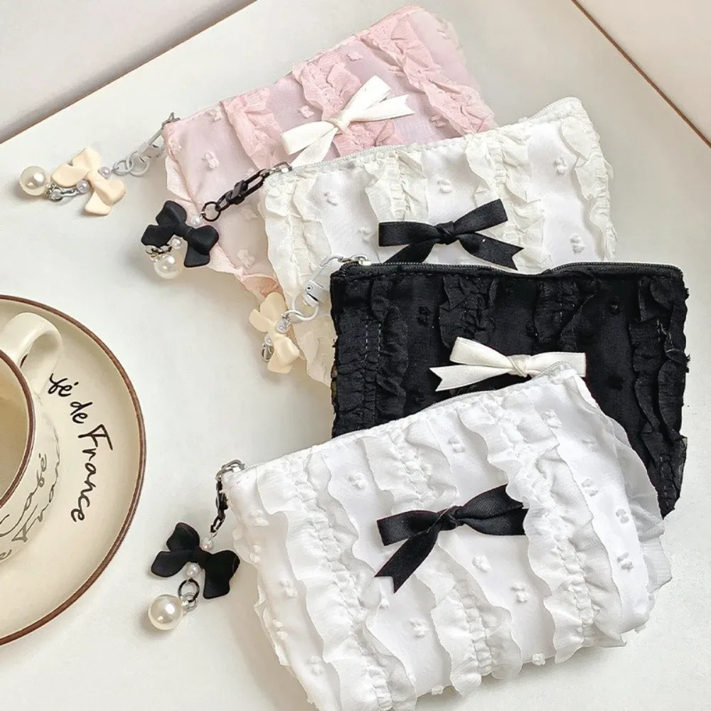 mini trousse de maquillage mignonne, nœud en dentelle, sac à main porte-monnaie portable, sac de rangement de cosmétiques pour dames