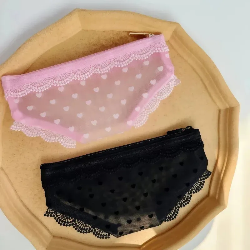 pochette de maquillage transparente y2k en maille et dentelle, forme cœur, style ins, trousse de toilette de voyage