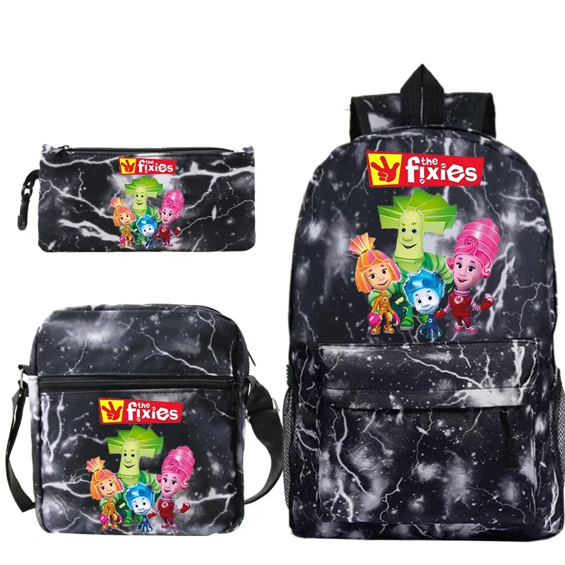 3 pièces nouveau ensemble de sac à dos imprimé the fixies avec sacs à bandoulière trousse à crayons cartable léger pour enfants sac à dos de voyage en plein air